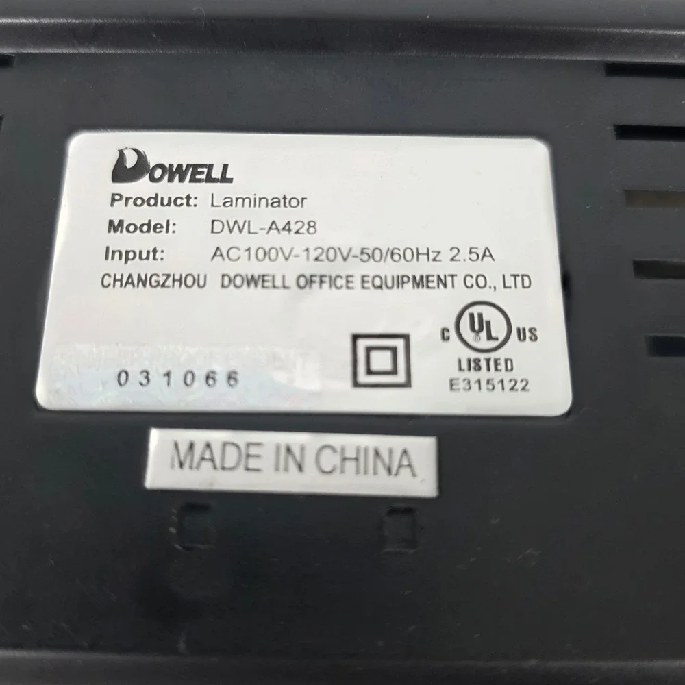 Dowell DWL-A428 Thermal Laminator Machine Black Document Photo Protector AC120V